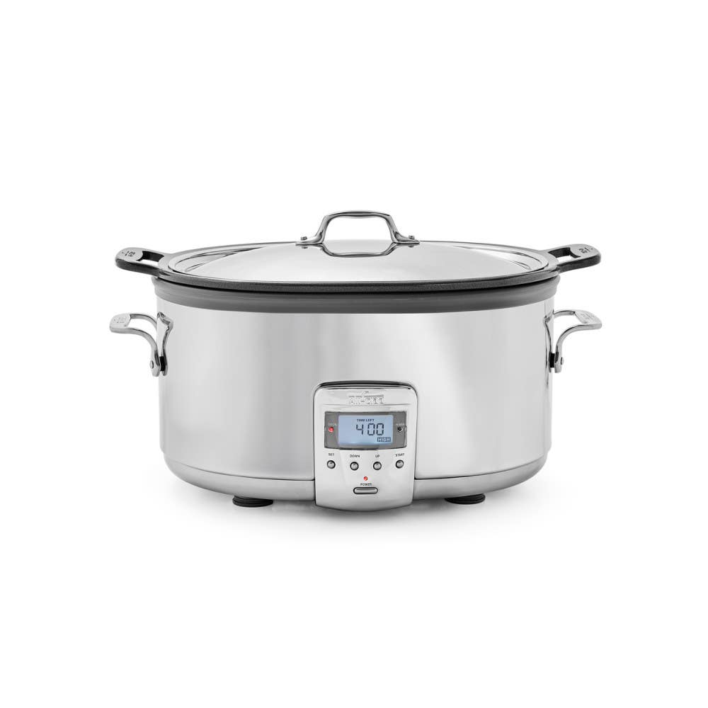 All-Clad SD700350 seven-quart stainless steel digital slow cooker with its cast-aluminum insert, lid and front control panel