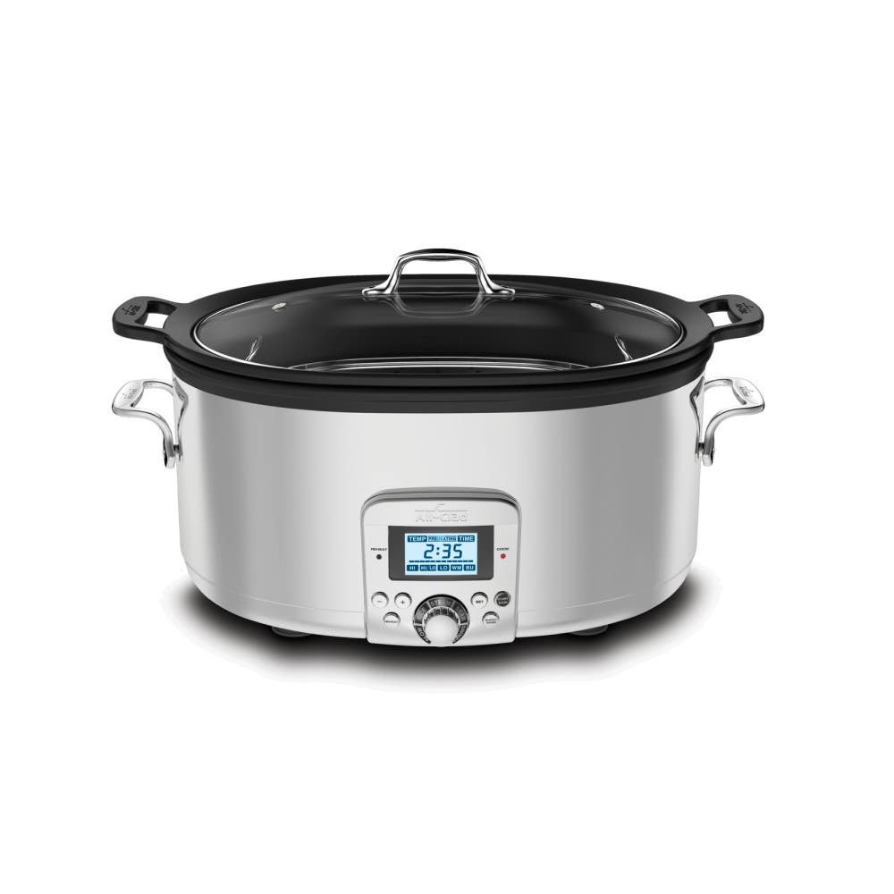 All-Clad SD800D51 seven-quart Gourmet Plus slow cooker, showing the stainless body, front display, dark insert and lid