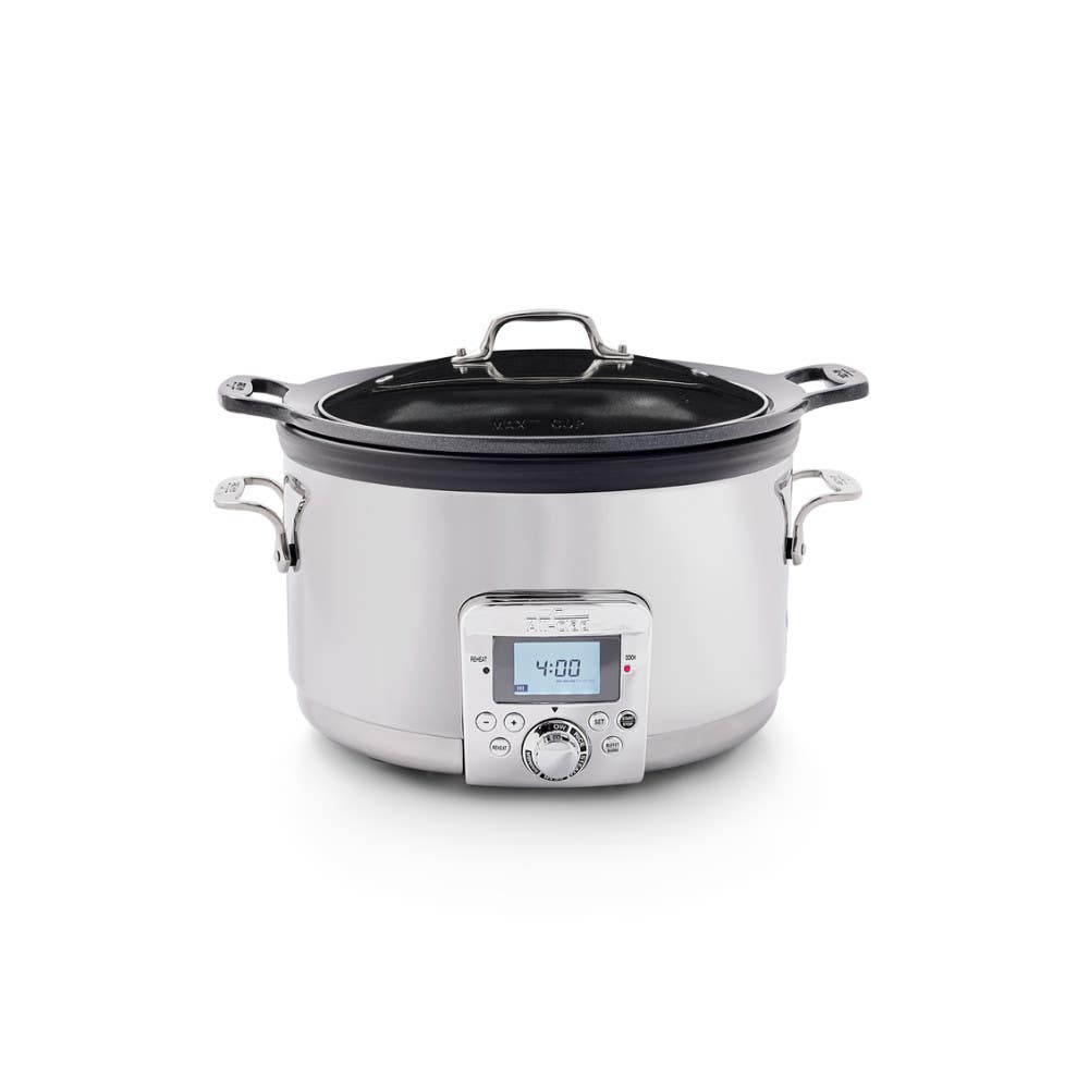Exact All-Clad SD805D51 5-quart Gourmet Plus 7-in-1 slow cooker with stainless housing, front digital panel, glass lid and dark ceramic-coated insert