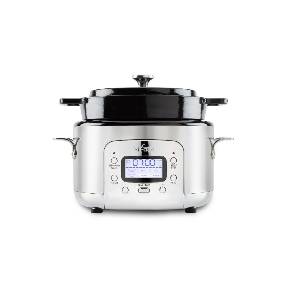 All-Clad SD922D51 five-quart digital cooker with dark enameled cast-iron pot and lid, stainless housing, and front controls