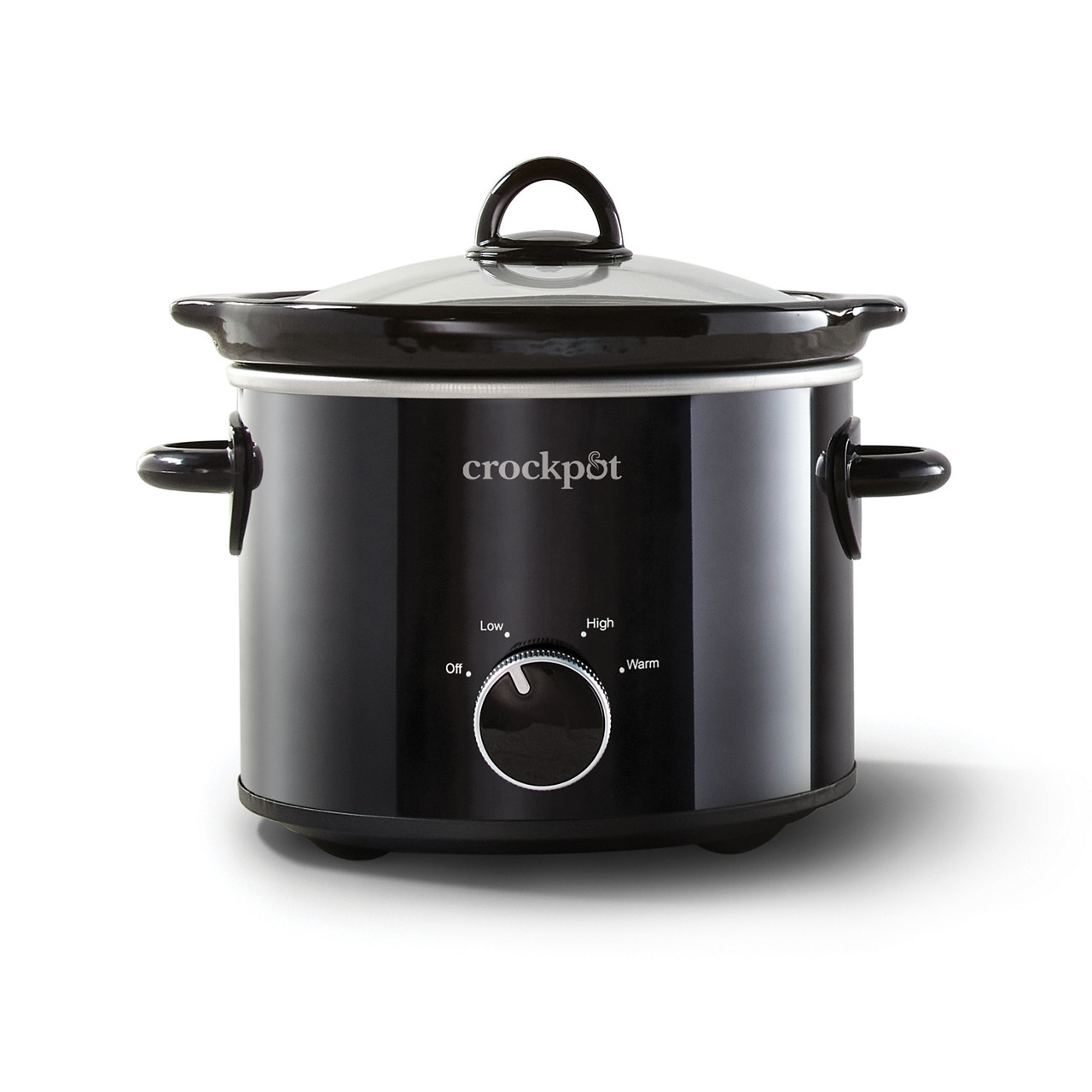 Exact-model official black Crock-Pot CPSCRM20-BP two-quart slow cooker variant with glass lid and manual dial