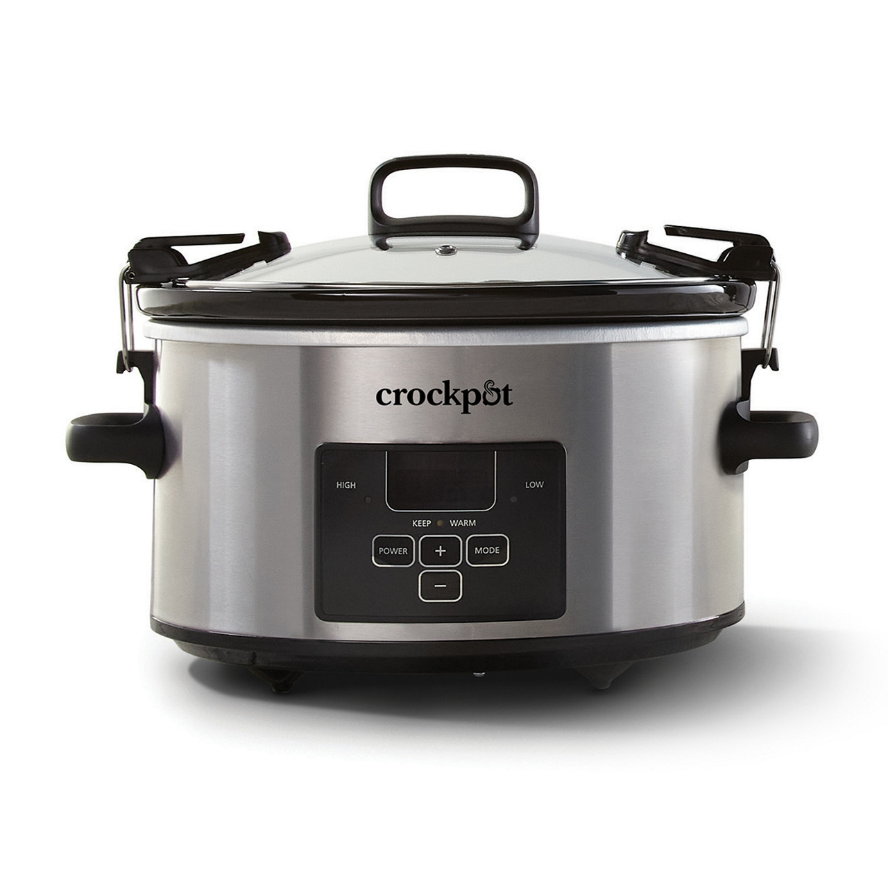 Official Crock-Pot image of the stainless CPSCVC40LL-S four-quart Cook & Carry with digital controls, side handles and locking lid clips