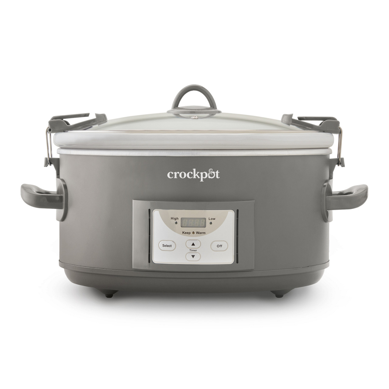 Crock-Pot CPSCVC70LL-G grey seven-quart programmable Cook & Carry slow cooker with locking clips, glass lid and digital panel