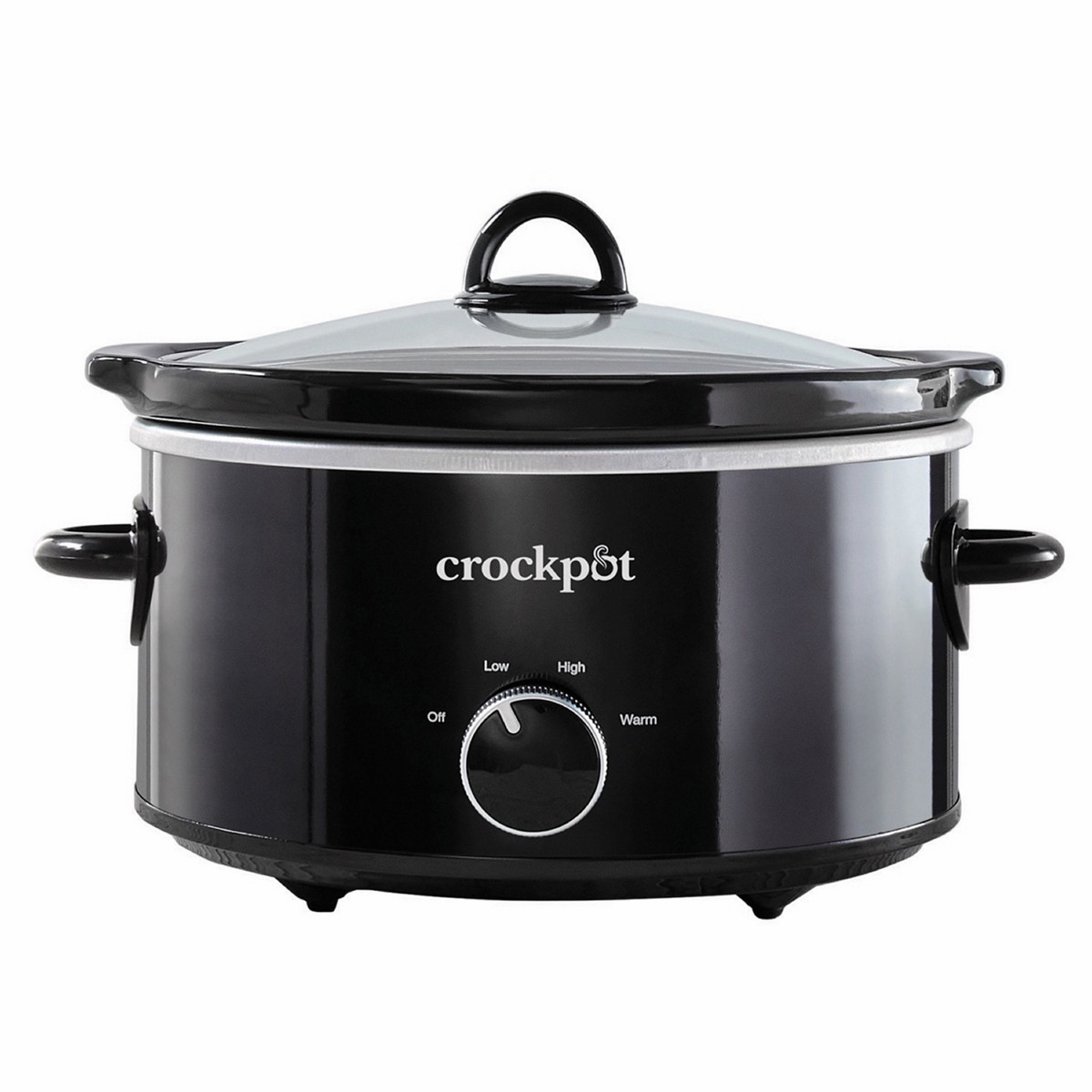 Official Crock-Pot image of the black CPSCVM40-BP four-quart manual slow cooker, glass lid and front dial