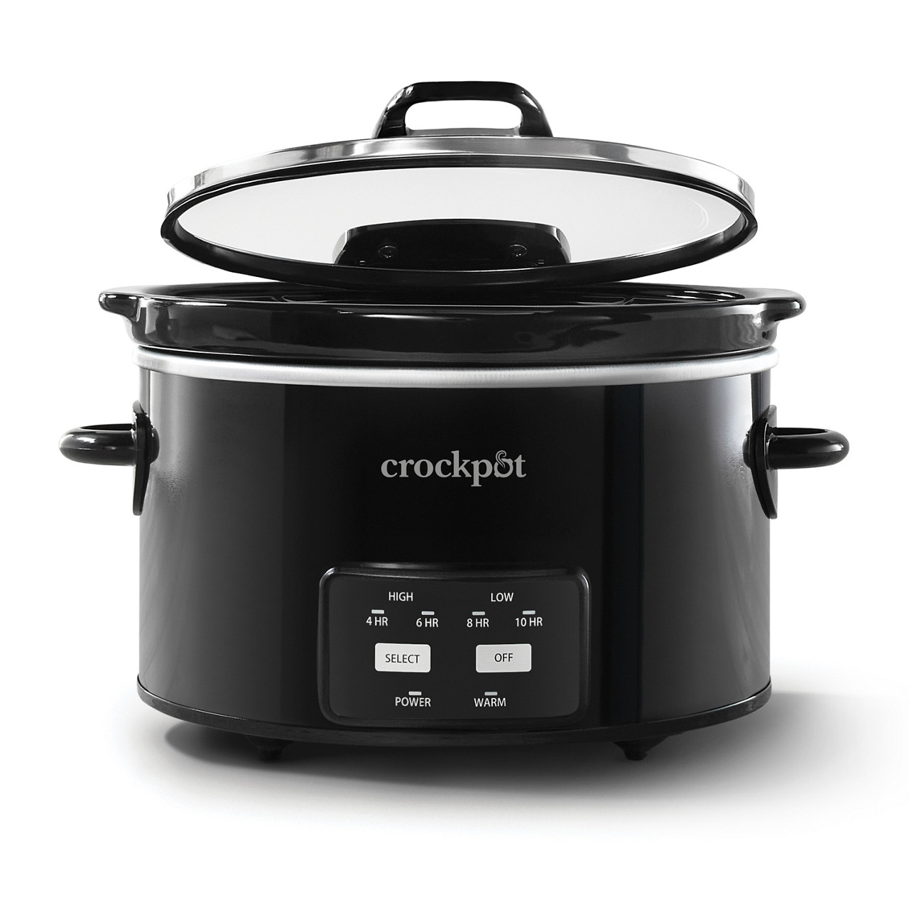 Official Crock-Pot CPSCVO45HL-BP black 4.5-quart One Touch cooker with its hinged glass lid raised and preset-control panel visible