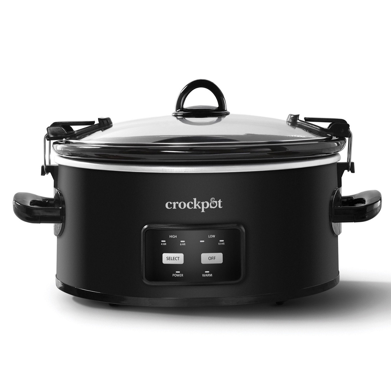 Exact Crock-Pot CPSCVO60LL-BP matte-black six-quart One-Touch Cook & Carry slow cooker with glass lid, side handles, transport clips and four program indicators