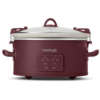 Exact Crock-Pot Lambrusco six-quart Cook & Carry One-Touch slow cooker with glass lid, transport clips, side handles and four setting lights