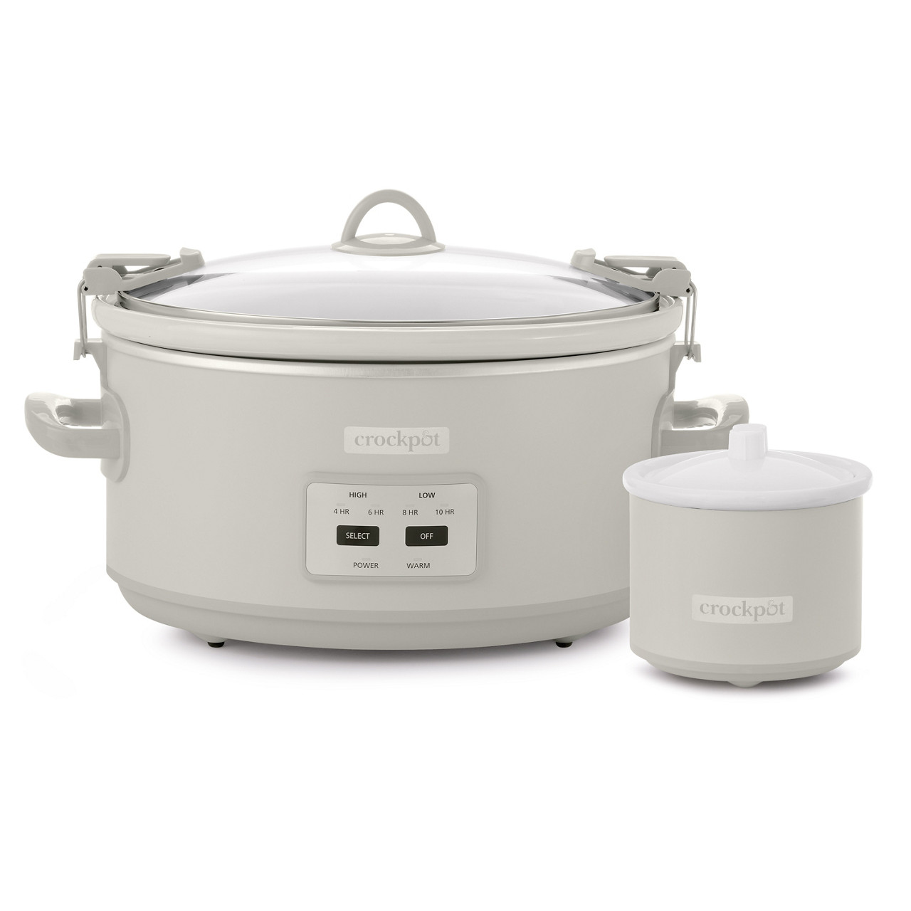 Crock-Pot CPSCVO70LLW-MS Mushroom seven-quart Cook and Carry cooker with four preset control lights, locking lid clips, and included Little Dipper warmer