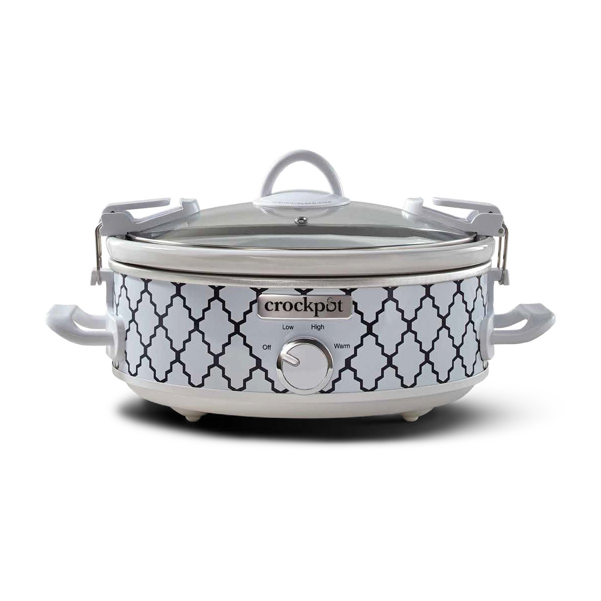 Crock-Pot SCCPCCM250-BT-BR white-and-blue patterned 2.5-quart Casserole Crock with oval stoneware, glass lid, locking clips, side handles and a manual control dial