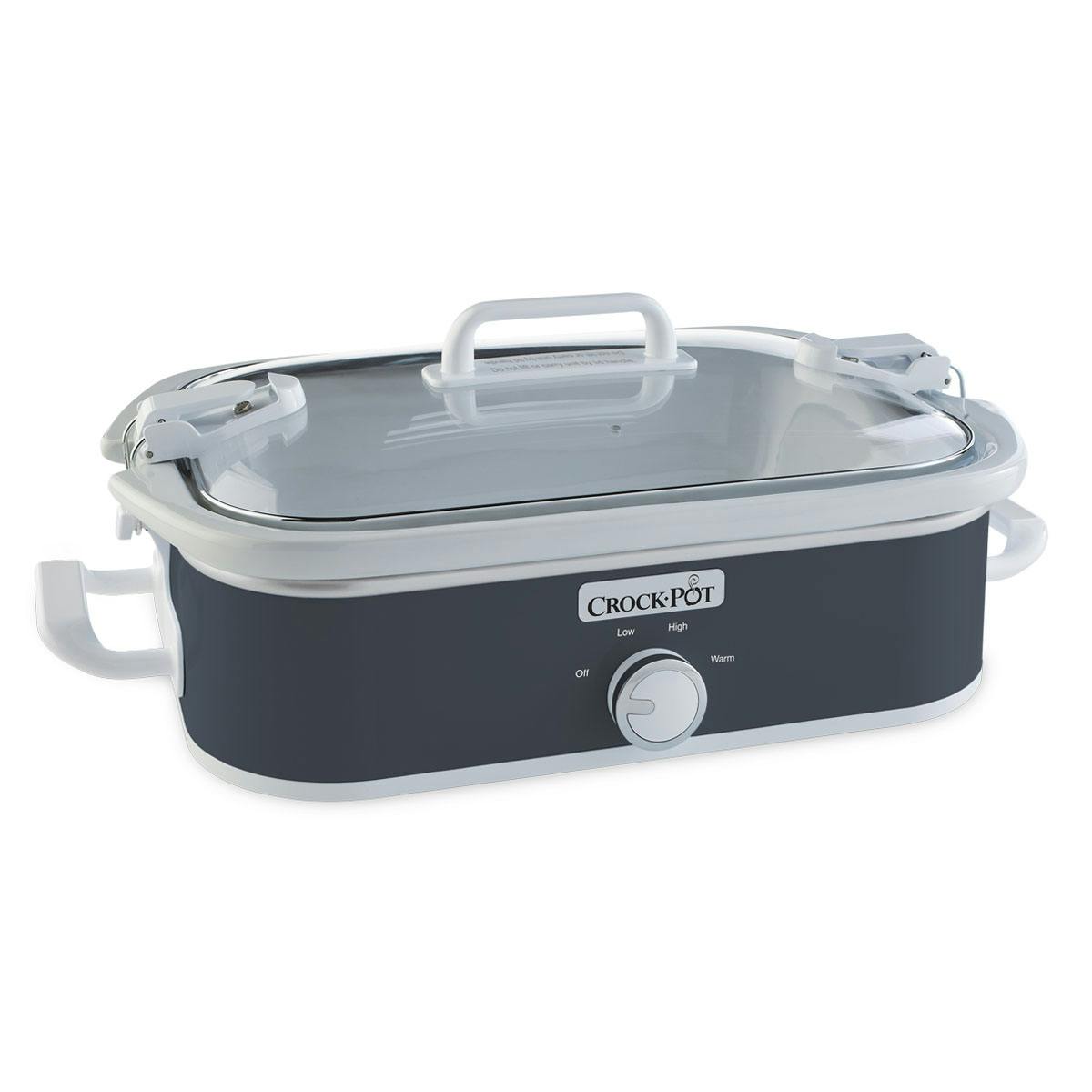 Crock-Pot SCCPCCM350-G-BR 3.5-quart charcoal Casserole Crock with broad rectangular stoneware, glass lid, side handles, locking clips and manual dial