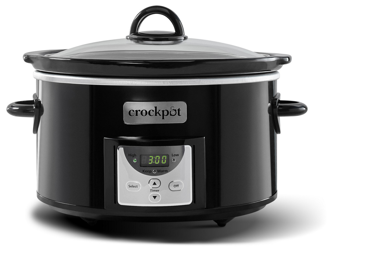 Official Crock-Pot SCCPVC400-BI-BR black four-quart Digital Countdown slow cooker with glass lid and front timer panel