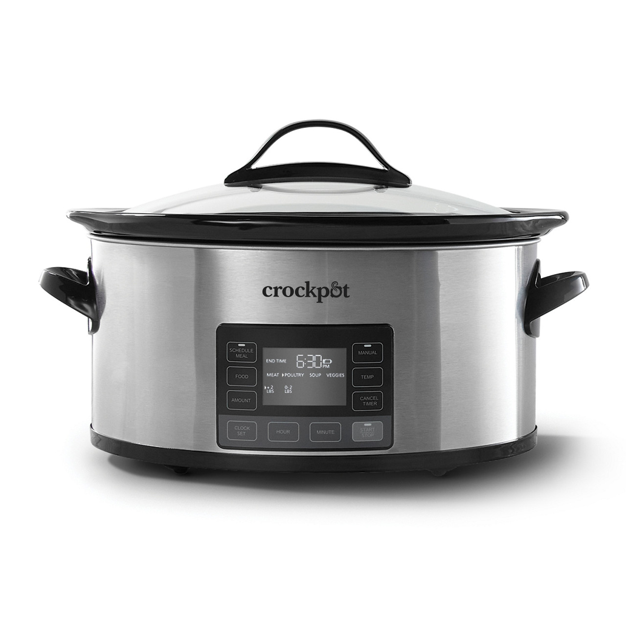 Crock-Pot SCCPVFC630-S-BR six-quart stainless MyTime slow cooker with standard glass lid and Schedule Meal digital panel