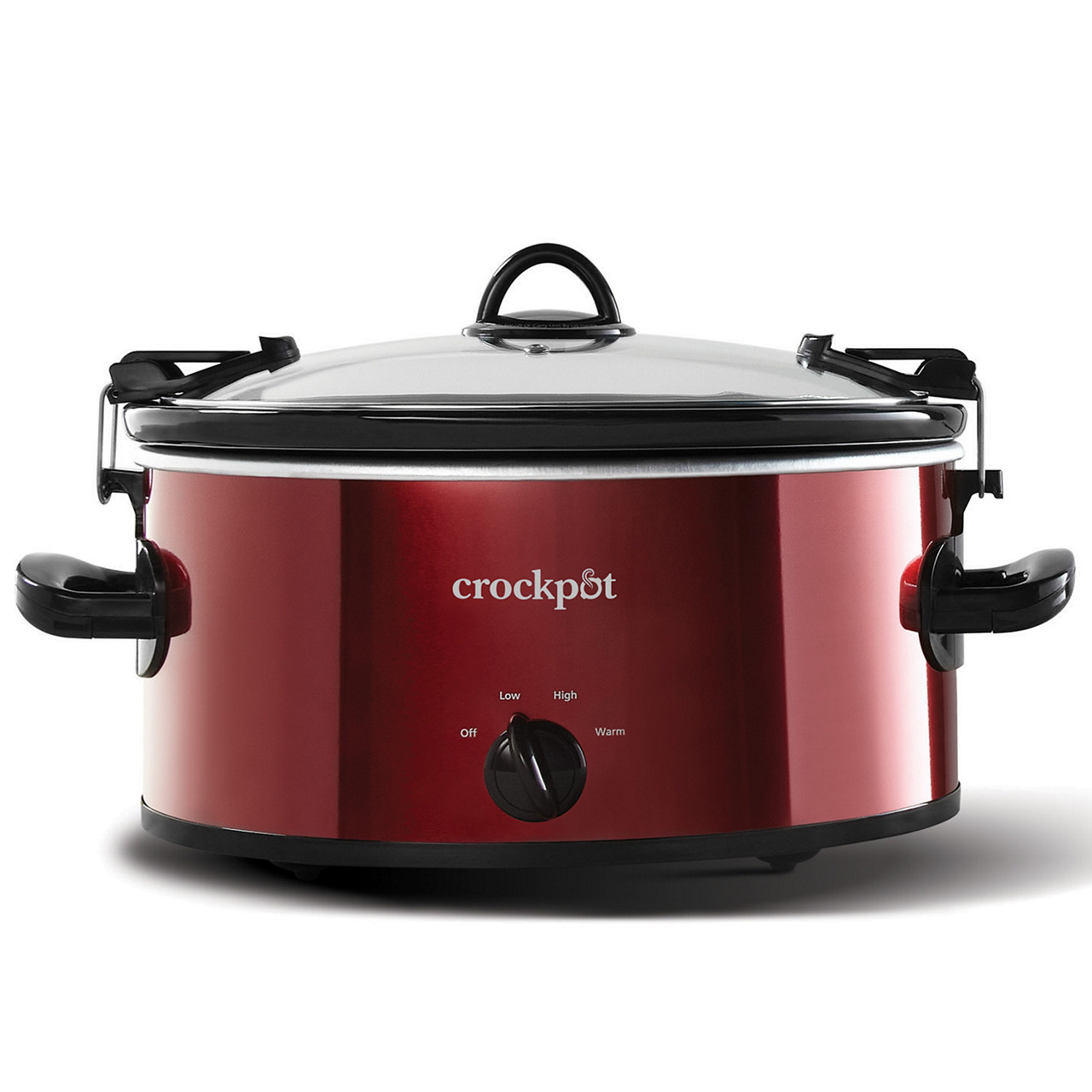 Official image of the red Crock-Pot SCCPVL600-RS-BR six-quart manual Cook & Carry slow cooker with rotary dial and lid locking clips