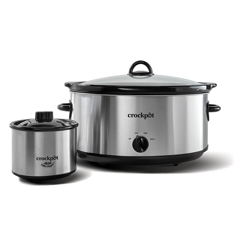 Crock-Pot SCV803-S-BR stainless steel manual eight-quart slow cooker shown with the included separate Little Dipper warmer