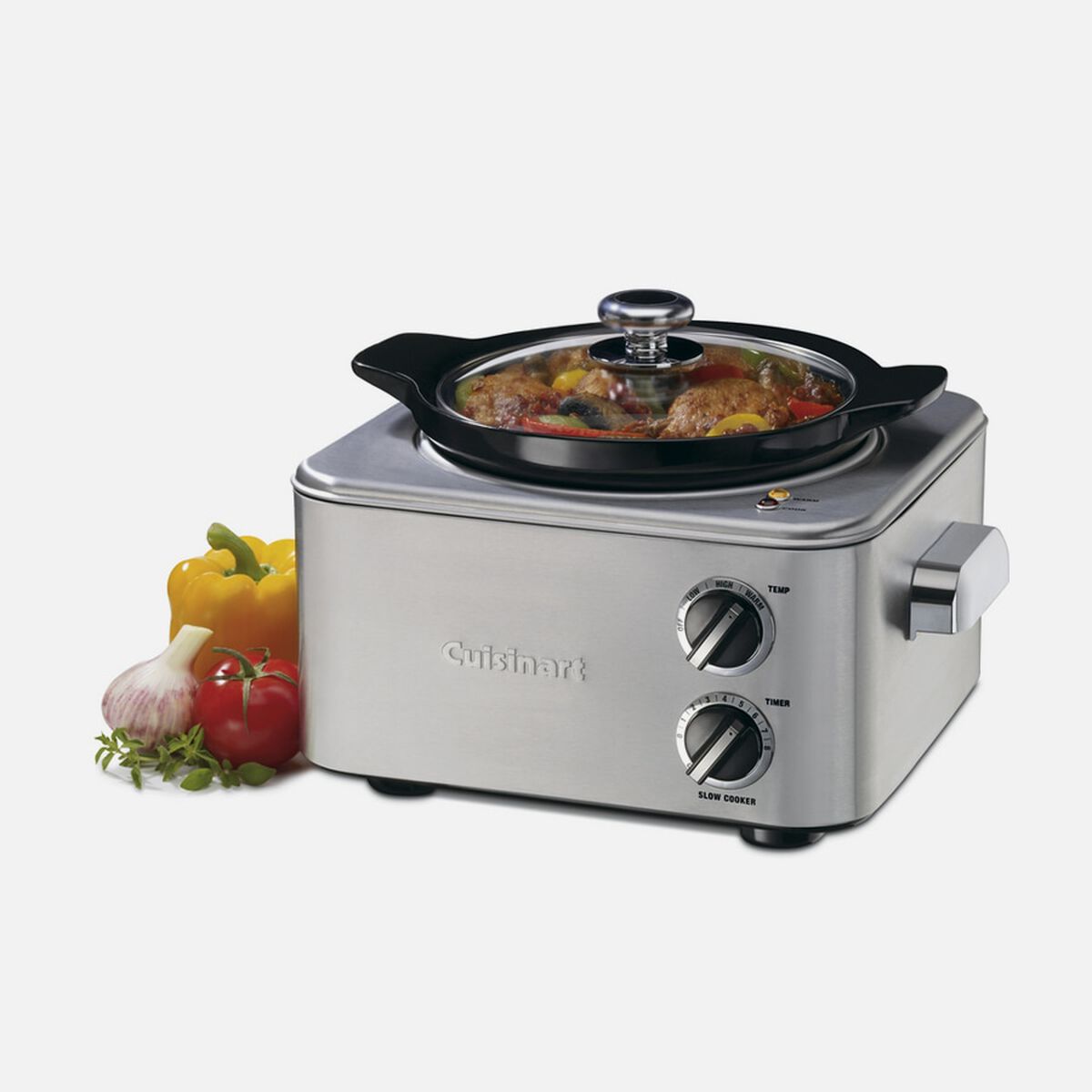 Cuisinart CSC-400 round four-quart slow cooker with glass lid and manual temperature and timer dials