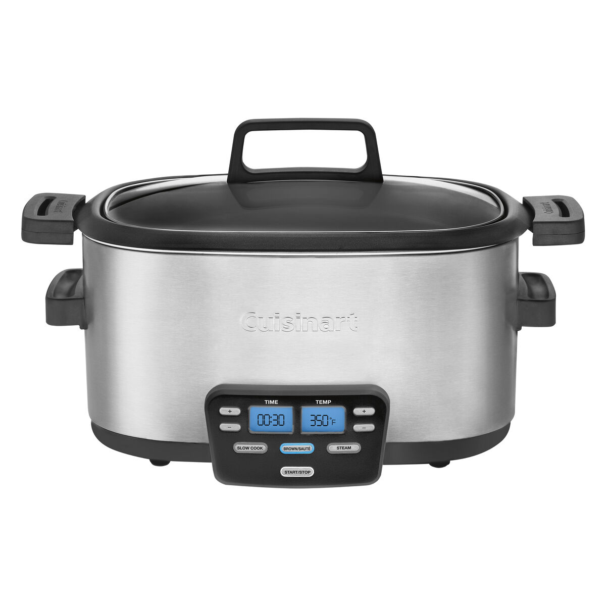Cuisinart MSC-600NAS Cook Central multicooker showing its stainless base, glass lid and Slow Cook, Brown/Sauté and Steam controls