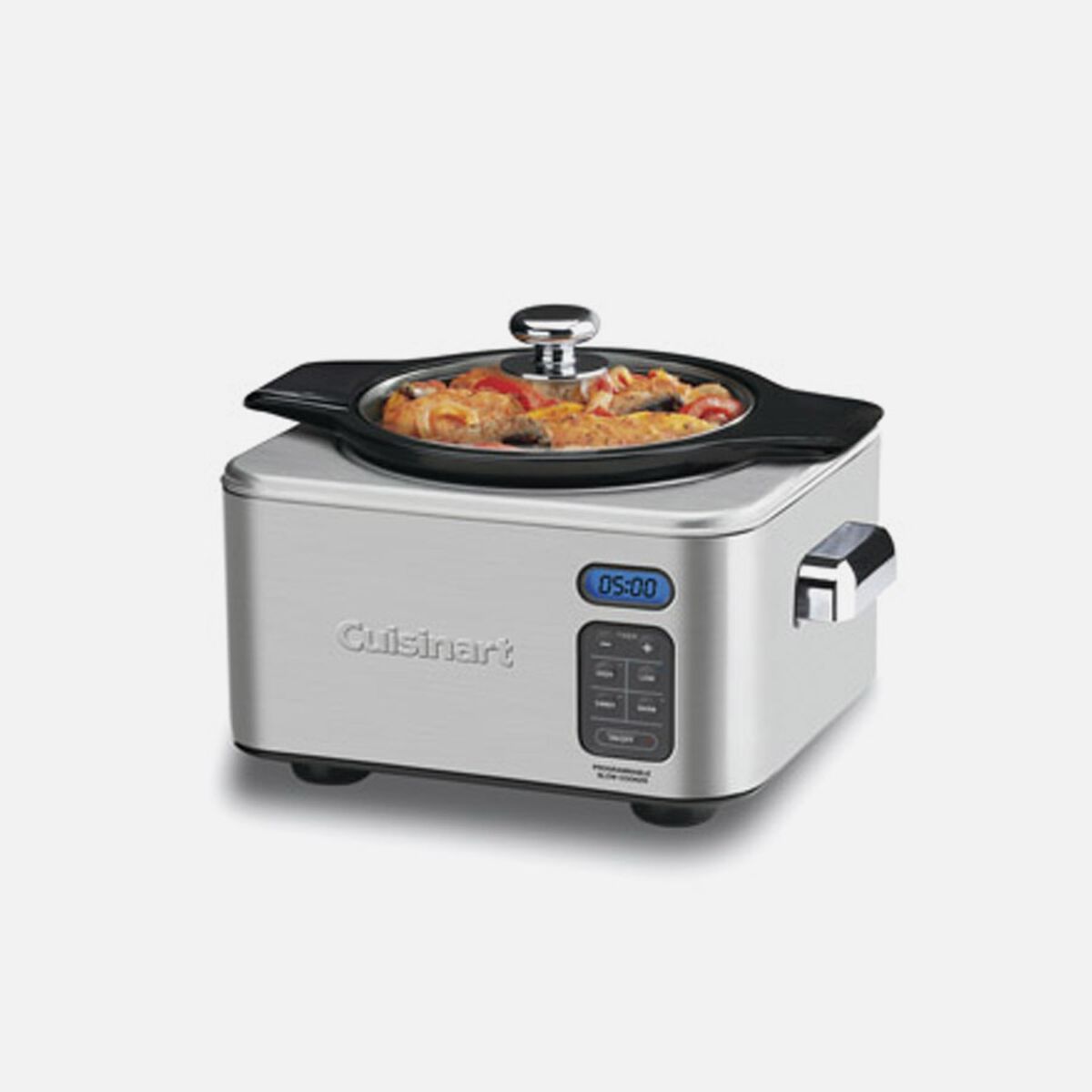 Cuisinart PSC-400 four-quart round programmable slow cooker with stainless housing, glass lid and digital controls