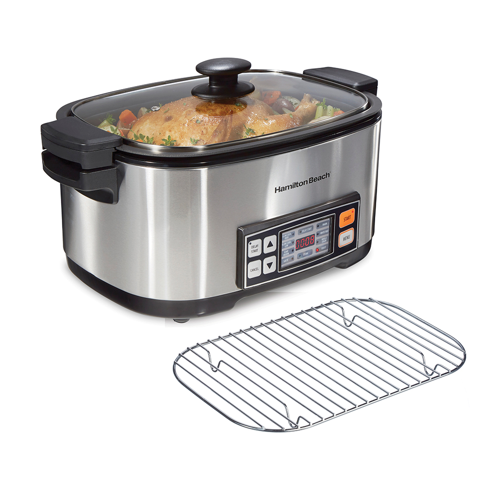 Hamilton Beach 33065 stainless-finish rectangular multicooker with digital control panel, glass lid and detached rack