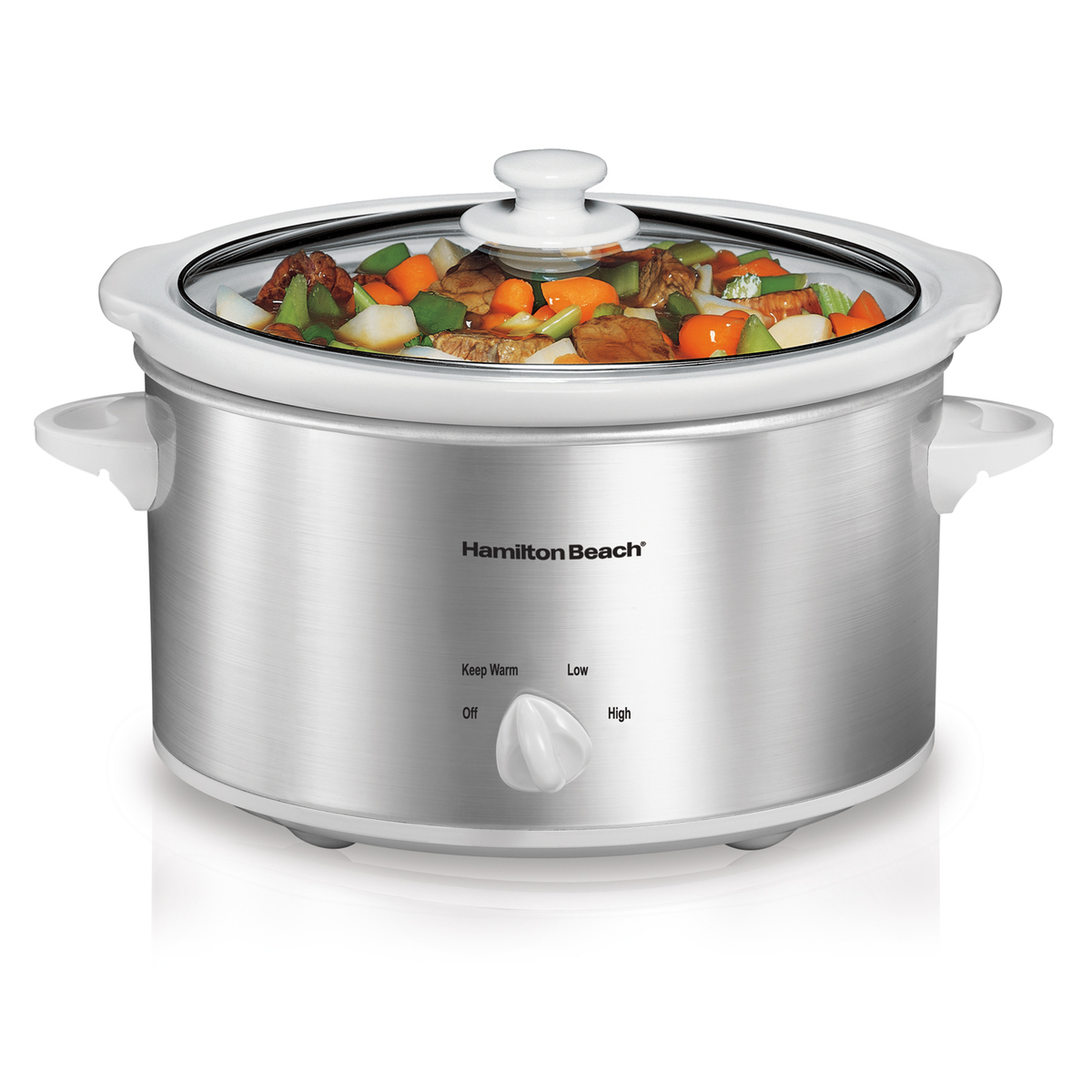 Hamilton Beach 33140G four-quart silver oval slow cooker with a manual dial and removable stoneware
