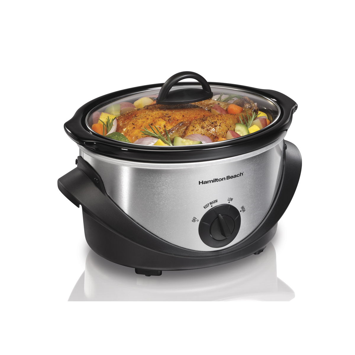 Hamilton Beach 33141 four-quart oval slow cooker in silver with glass lid and a manual dial