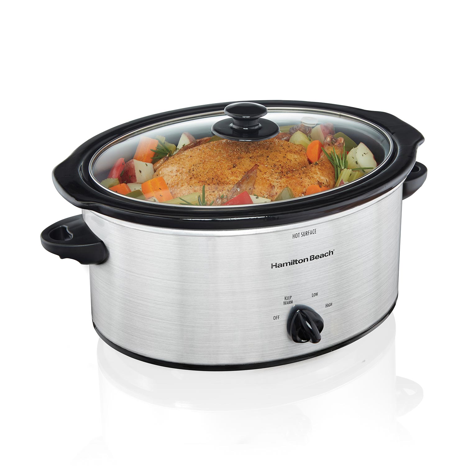 Hamilton Beach 33156RG five-quart silver oval slow cooker with glass lid and manual Off, Warm, Low, and High dial