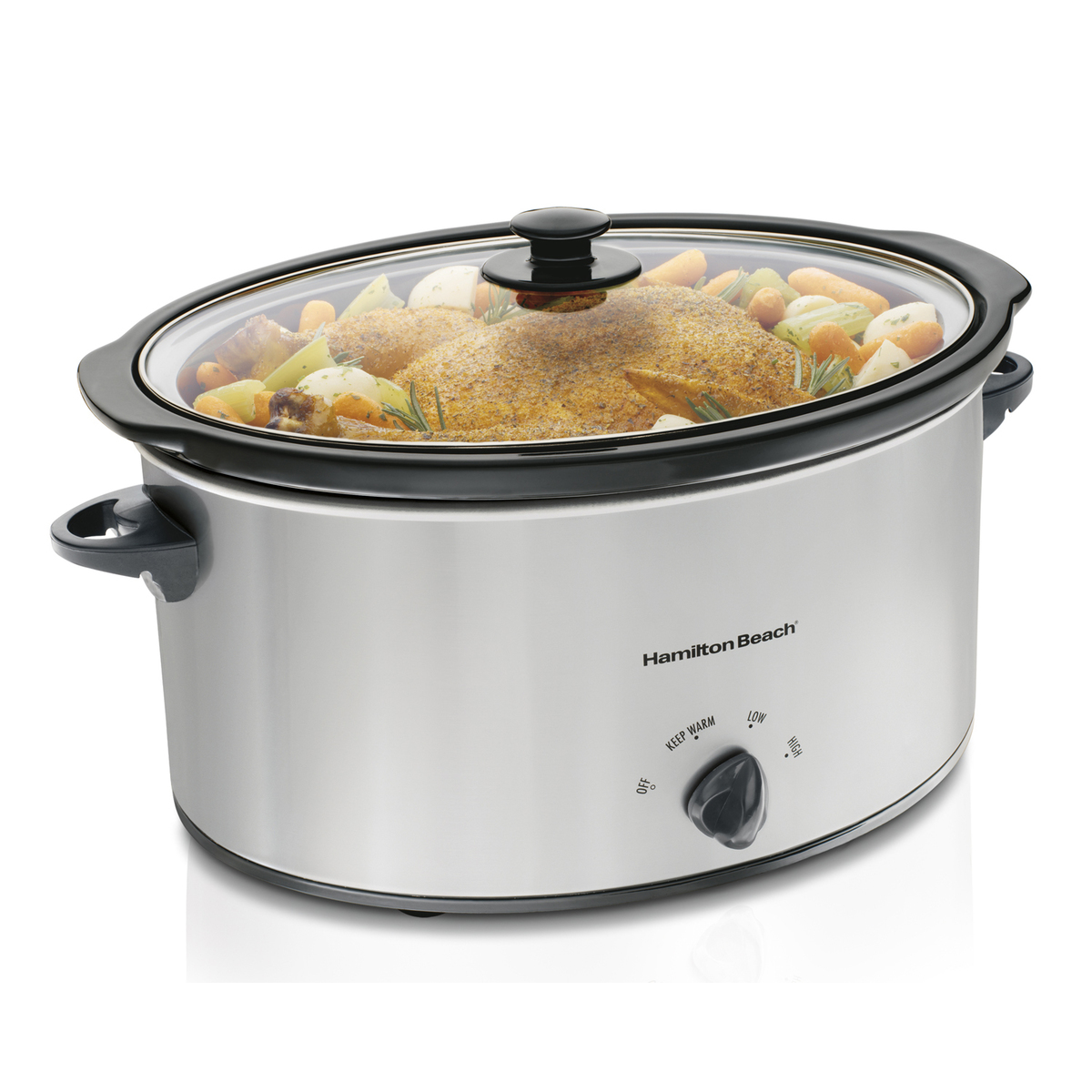 Hamilton Beach 33167 chrome six-quart slow cooker with glass lid and manual dial