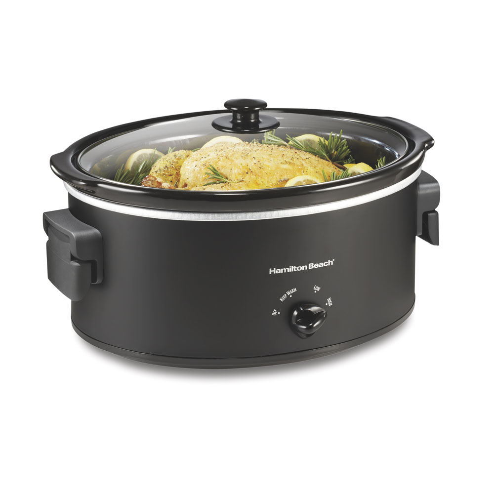 Hamilton Beach 33174 seven-quart oval slow cooker with folding handles, glass lid and manual dial