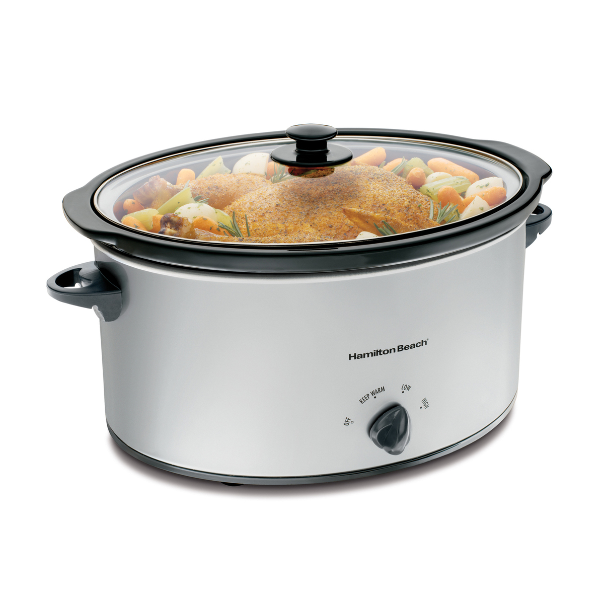 Hamilton Beach 33176 seven-quart oval slow cooker in brushed silver with glass lid and manual dial