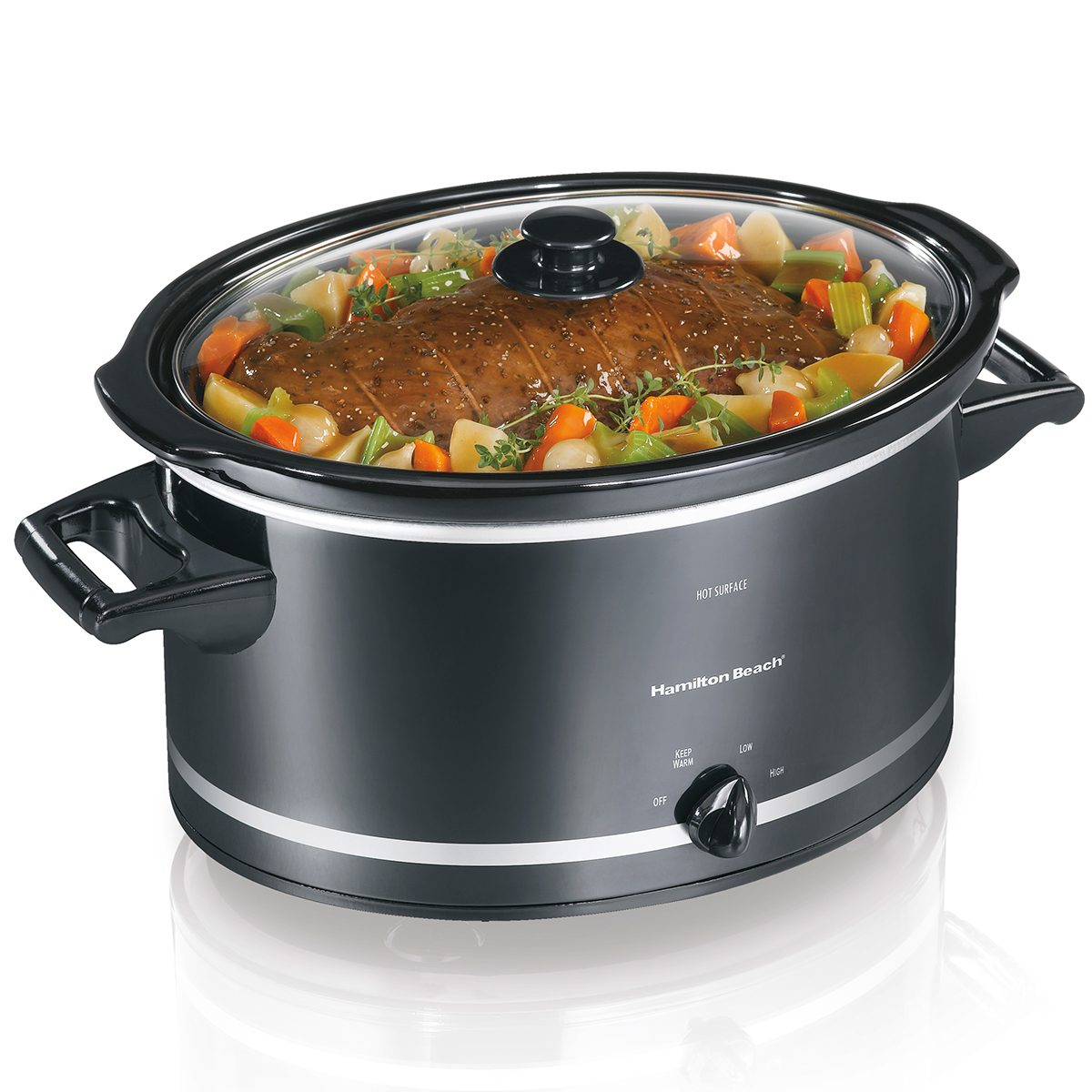 Hamilton Beach 33182 black eight-quart manual slow cooker with glass lid and dial