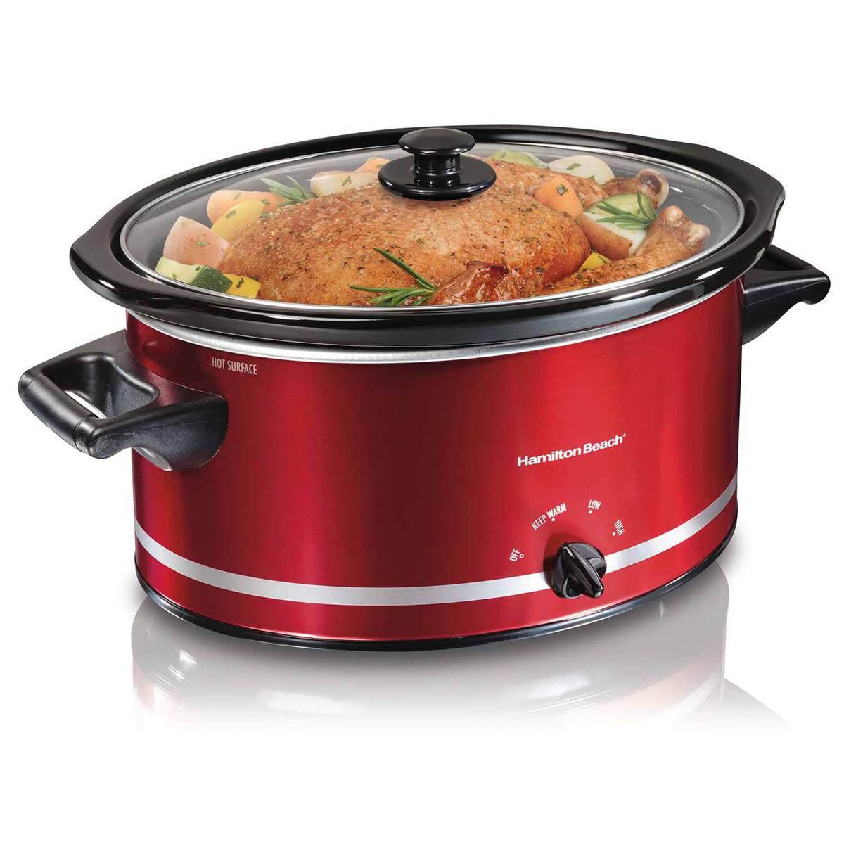 Exact Hamilton Beach 33184 red eight-quart manual slow cooker with stoneware crock, glass lid and front dial