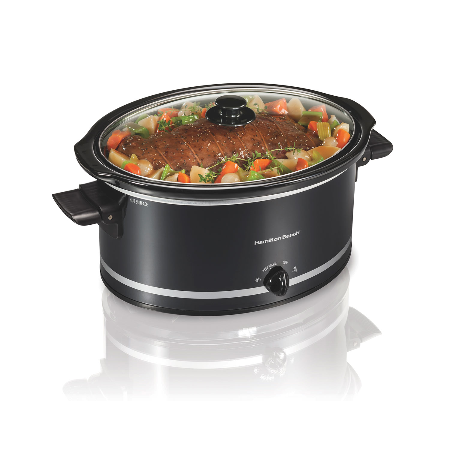 Hamilton Beach 33185FG eight-quart oval slow cooker with folding handles, glass lid and manual dial