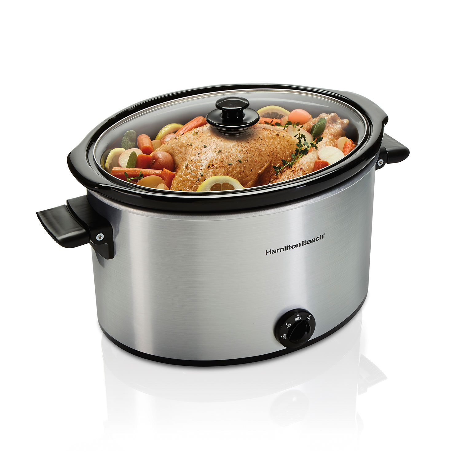 Hamilton Beach 33190FG ten-quart slow cooker with silver body, glass lid and folding side handles