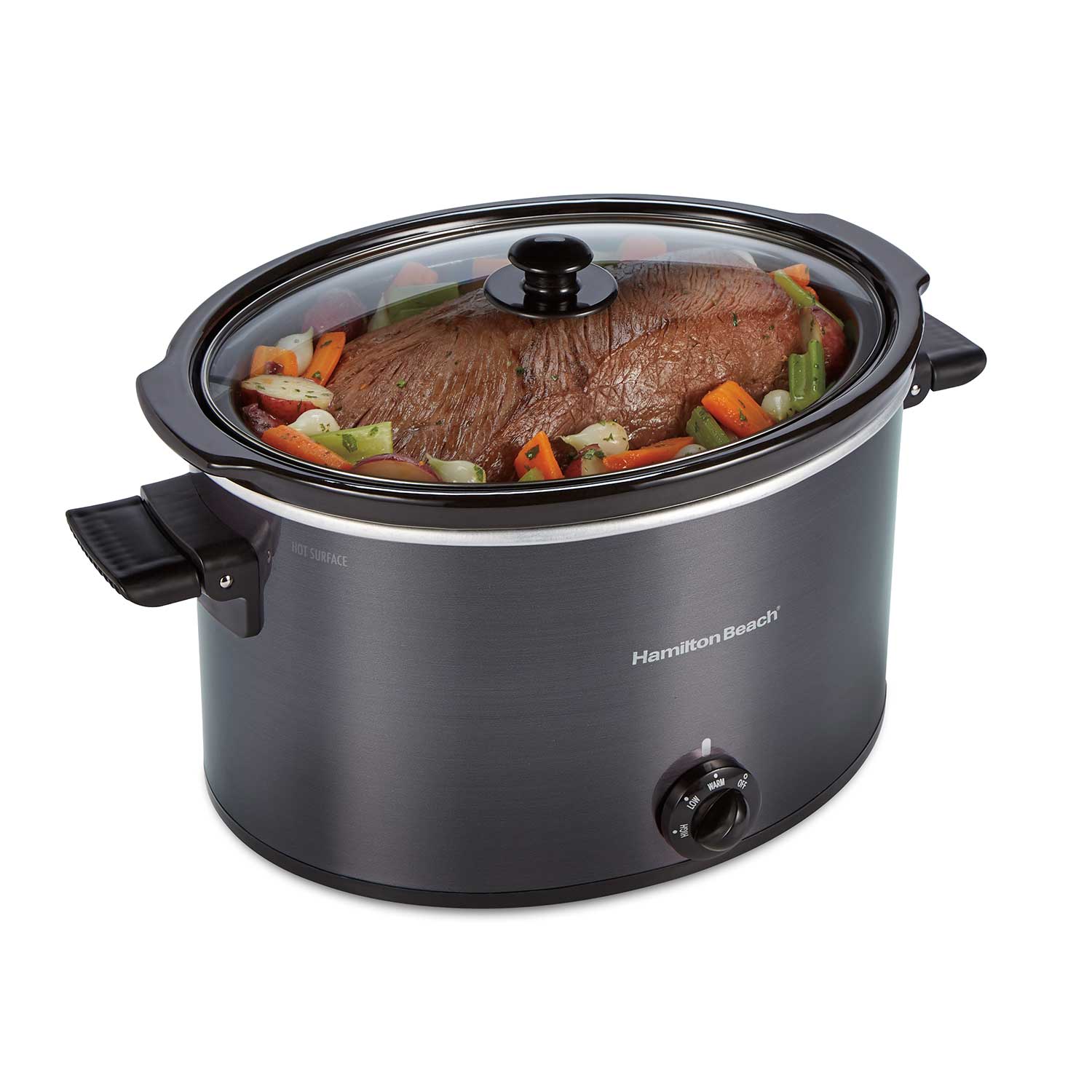 Hamilton Beach 33191G ten-quart oval slow cooker with charcoal body, glass lid and folding handles