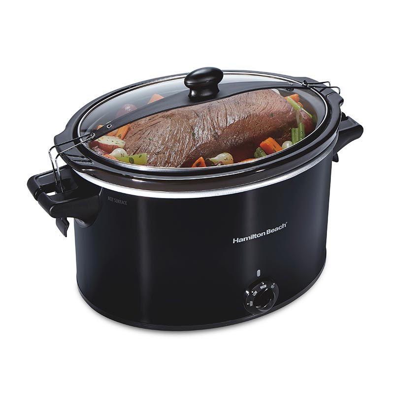 Hamilton Beach 33195G black ten-quart slow cooker with wire clips securing its glass lid