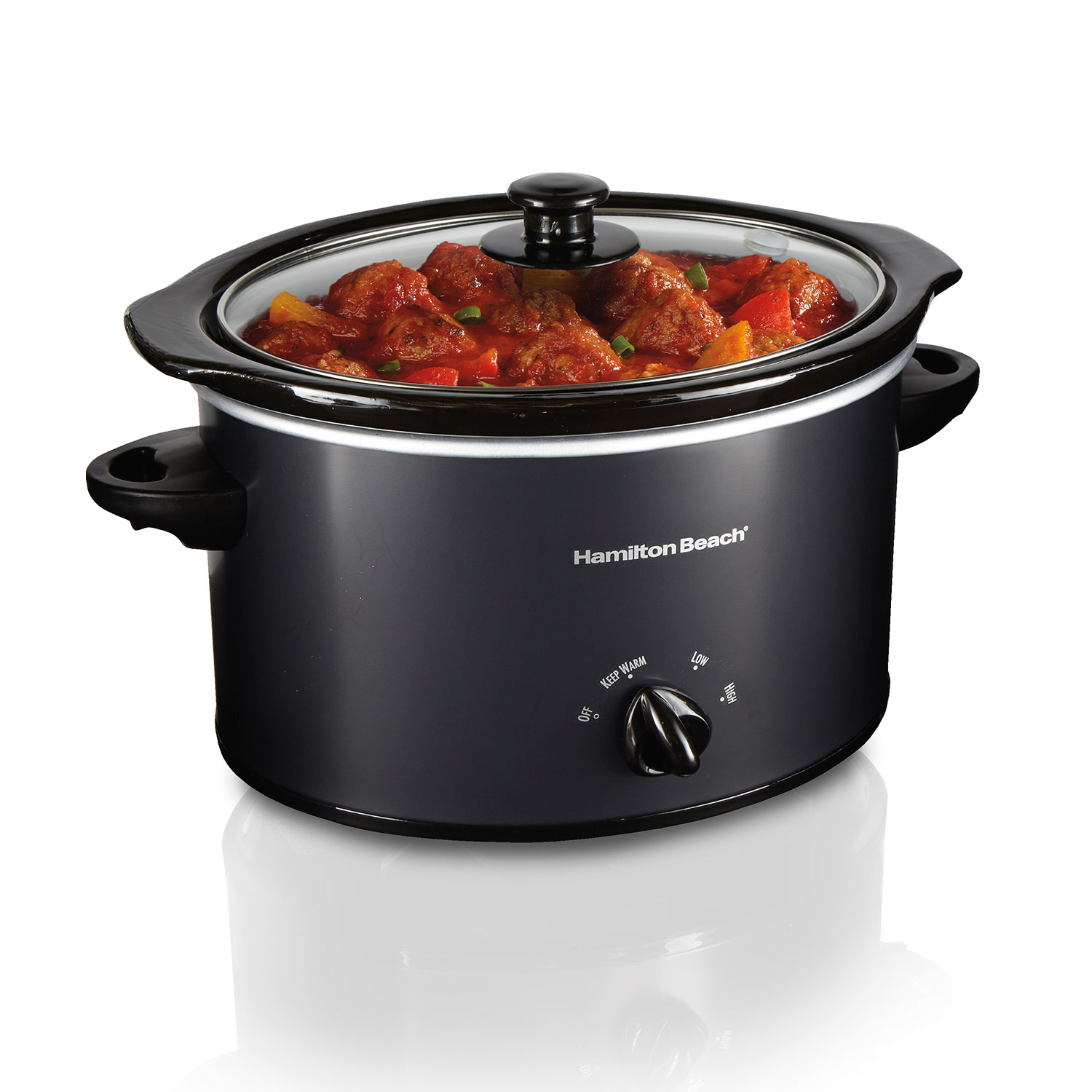 Hamilton Beach 33231 three-quart matte-black oval slow cooker with glass lid and manual dial