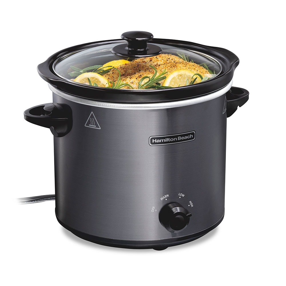 Hamilton Beach 33240 four-quart round slow cooker with black body, glass lid and manual dial
