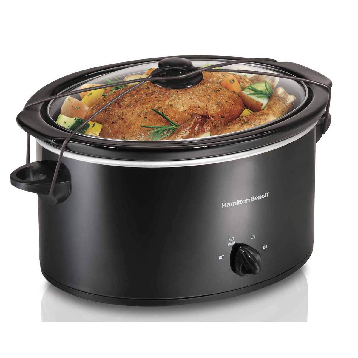 Hamilton Beach 33256 five-quart oval slow cooker with glass lid, manual dial, and Lid Latch strap