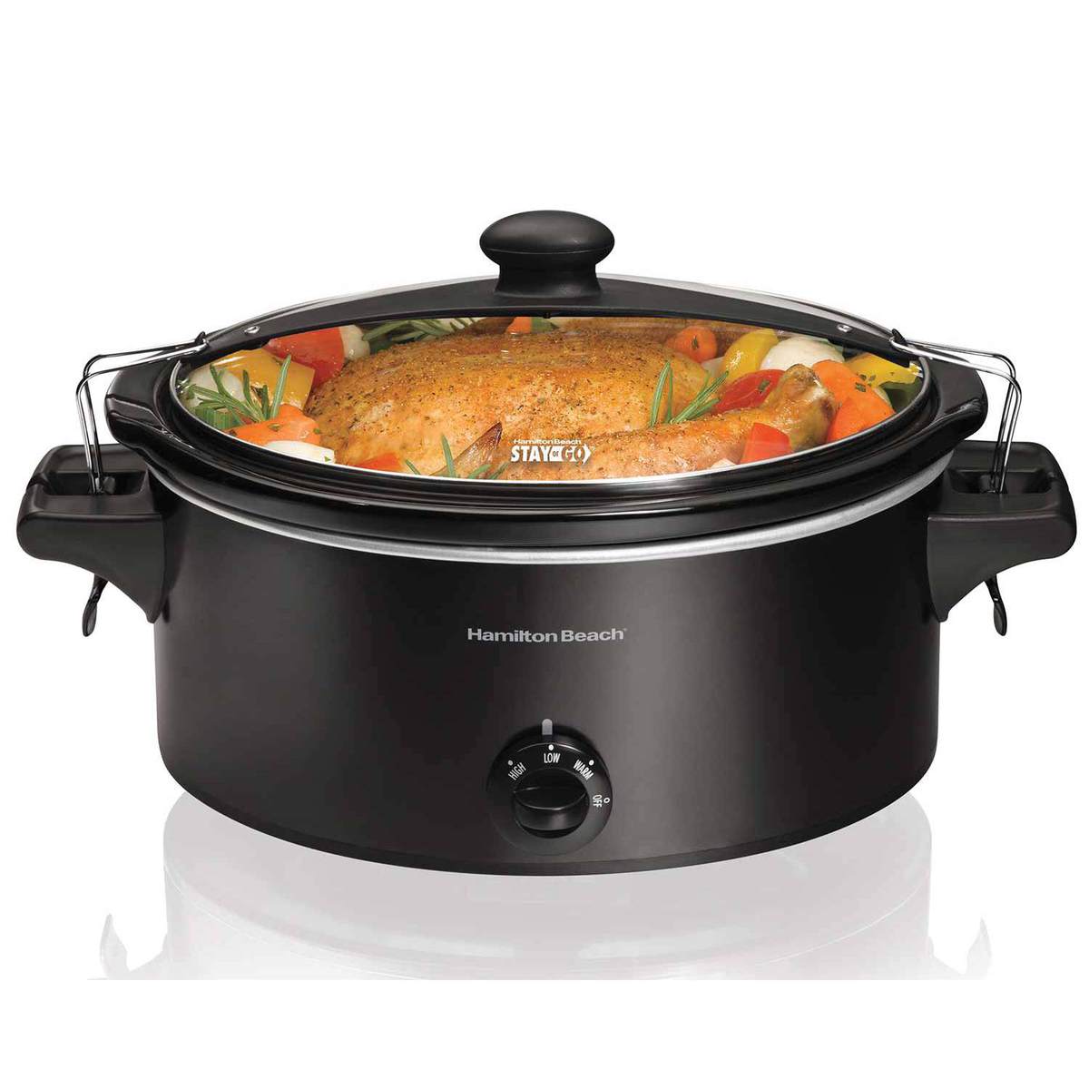 Hamilton Beach Stay or Go 33261 black six-quart slow cooker with glass lid, manual knob and wire transport clips