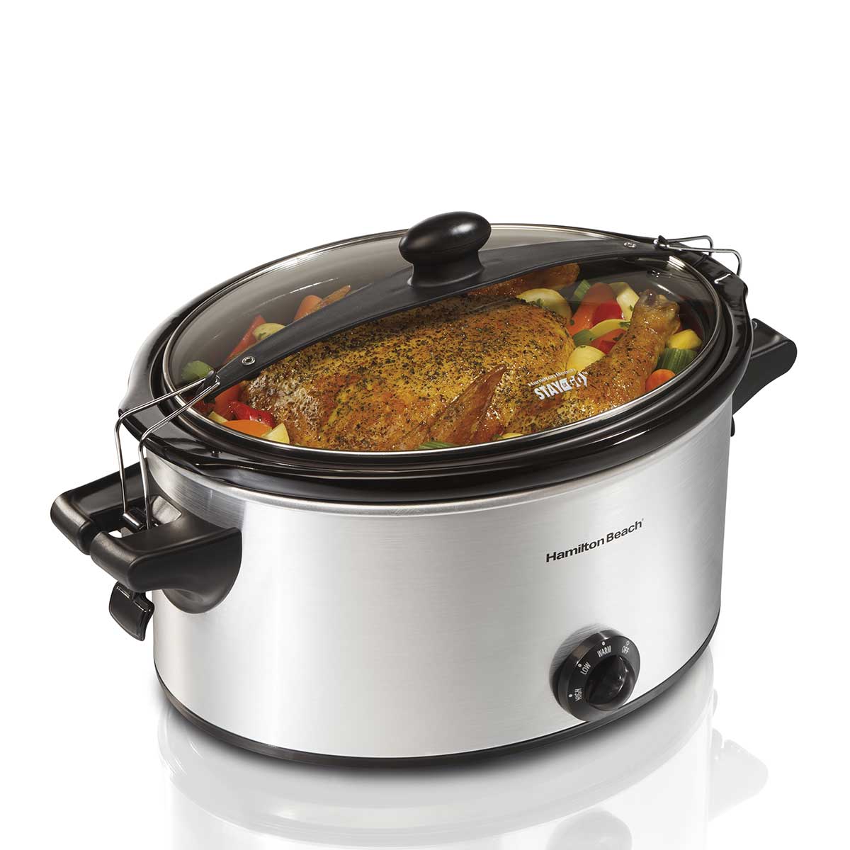 Hamilton Beach Stay or Go 33262G six-quart slow cooker with silver-tone body, glass lid and wire transport clips