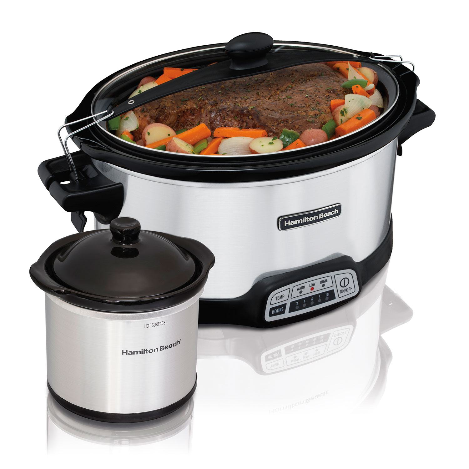 Exact Hamilton Beach 33477FG silver Stay or Go slow cooker with clip lid, touch controls, and separate Party Dipper