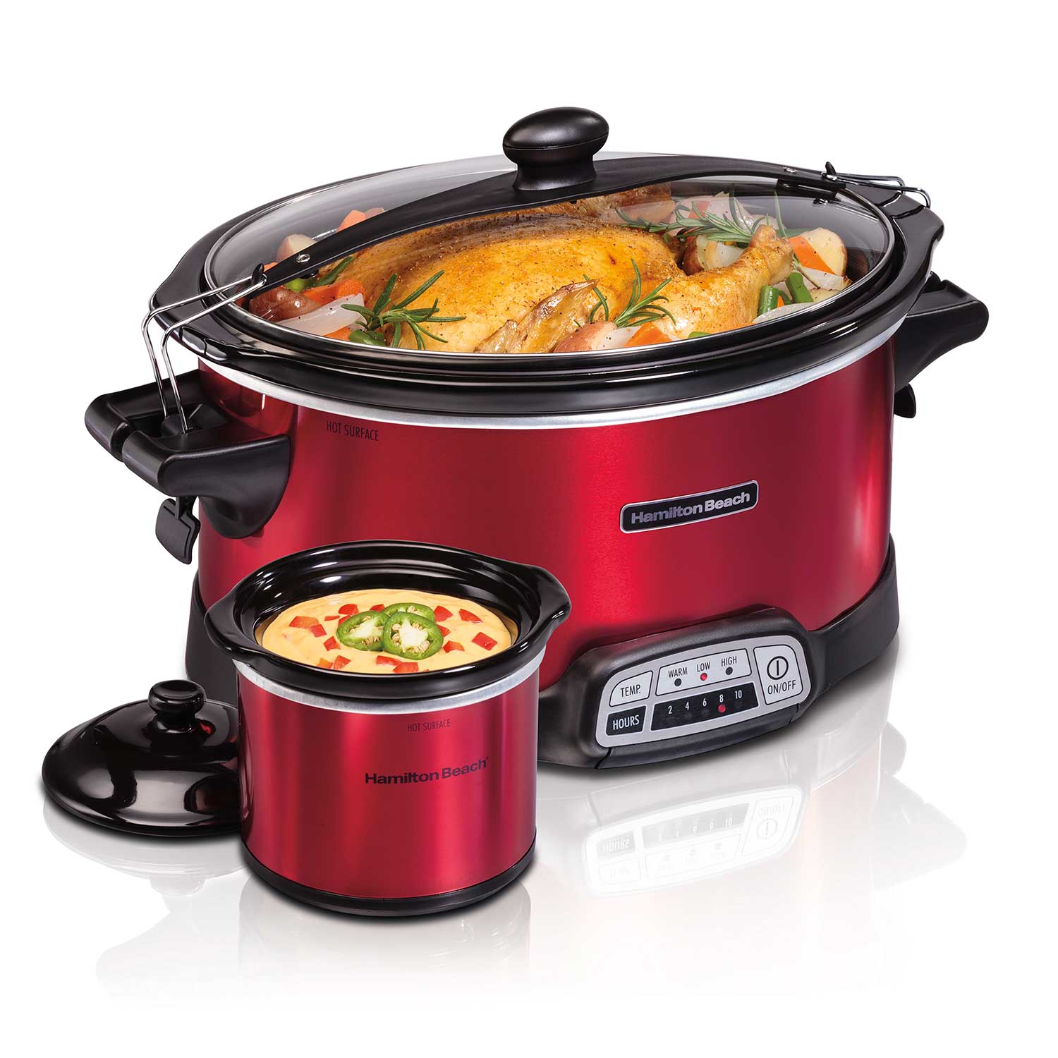 Exact-model Hamilton Beach 33478FG red Stay or Go cooker and separate Party Dipper warmer