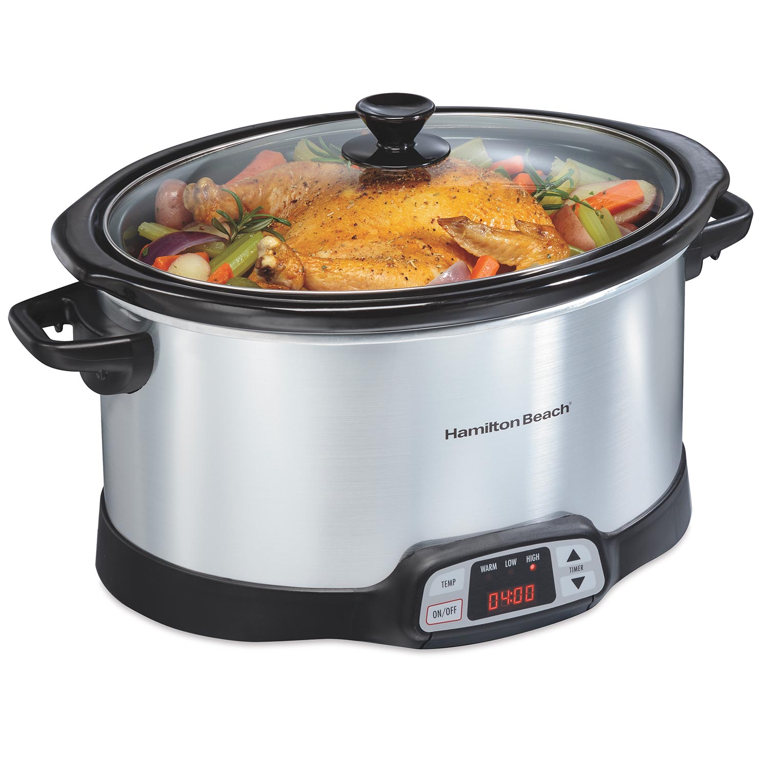 Exact Hamilton Beach 33480 eight-quart silver programmable countdown slow cooker with glass lid and digital control panel