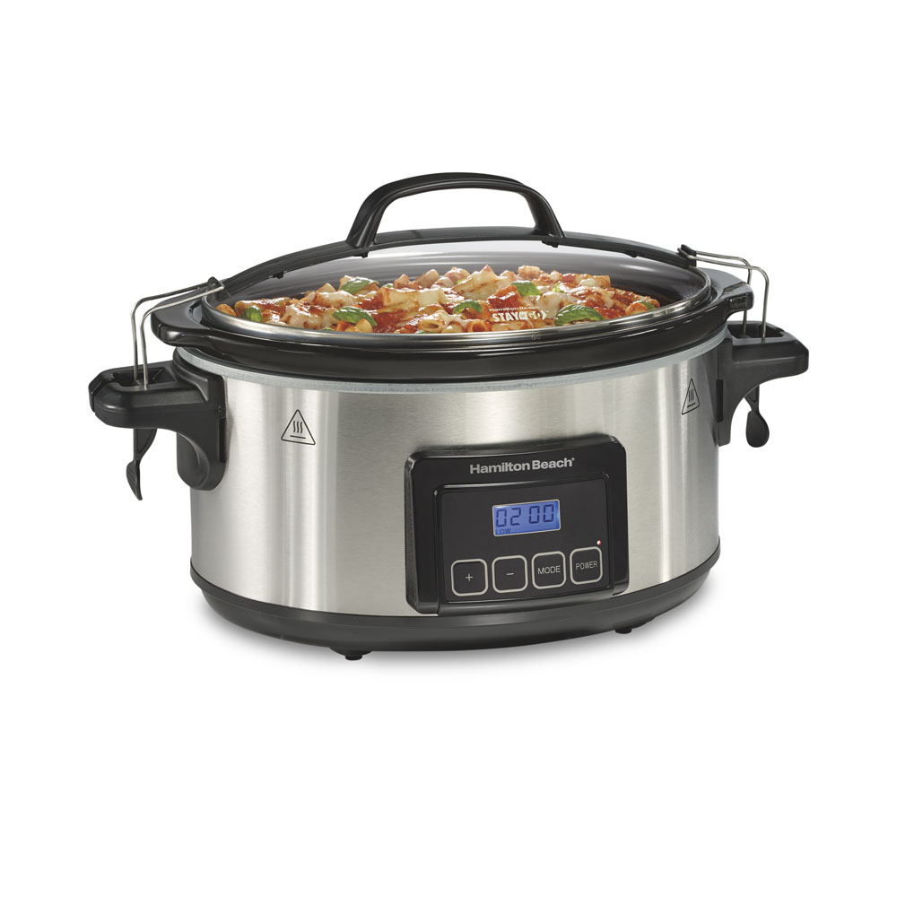 Hamilton Beach 33561J six-quart stainless-steel slow cooker with clip-locked glass lid and digital controls
