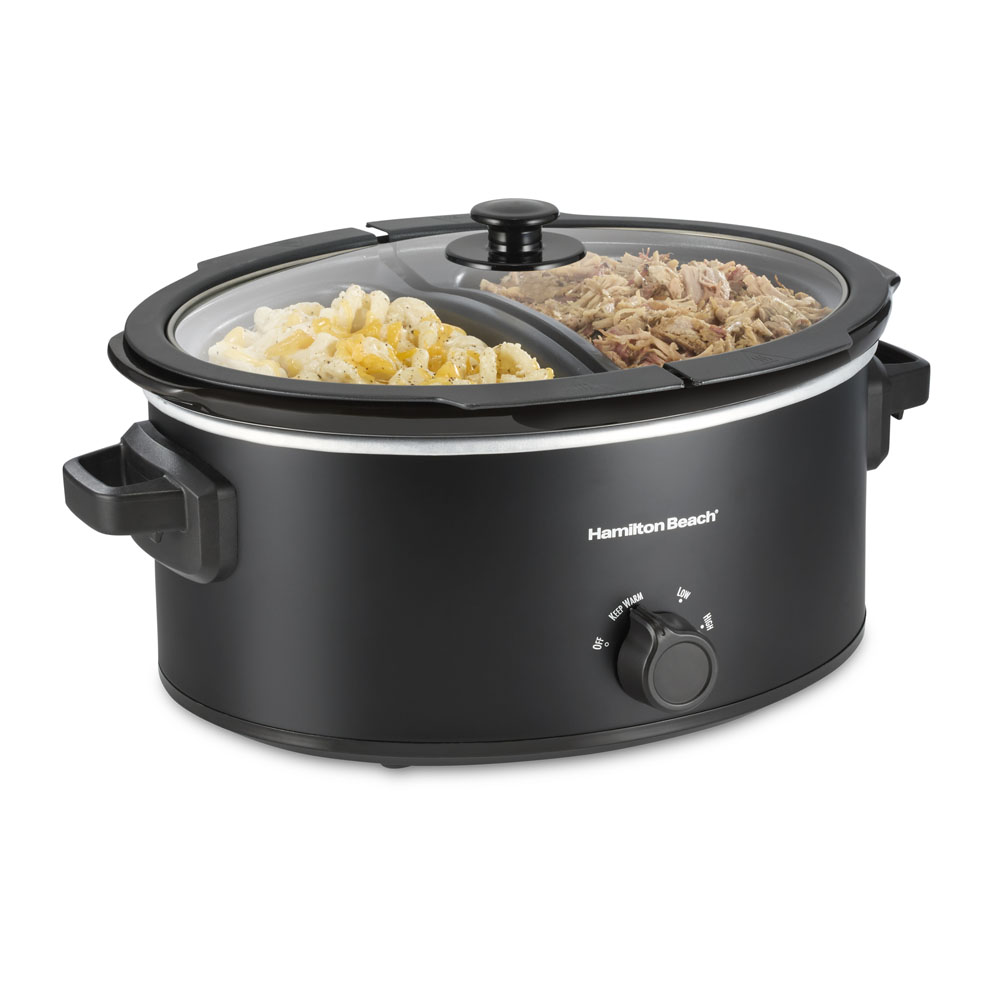 Hamilton Beach 33569 six-quart slow cooker with two divided dishes, glass lid, and manual dial