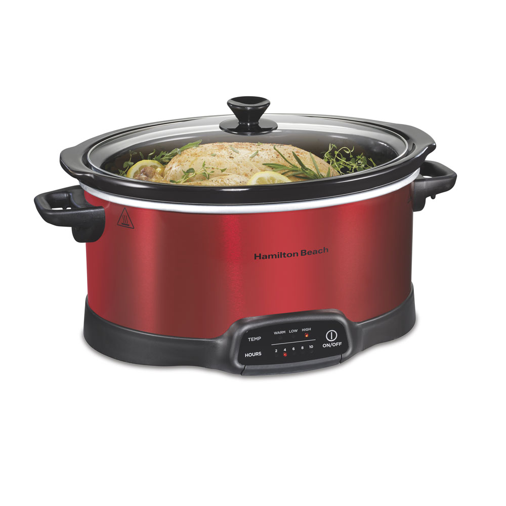 Hamilton Beach 33573 red seven-quart programmable slow cooker with glass lid and TEMP/HOURS controls