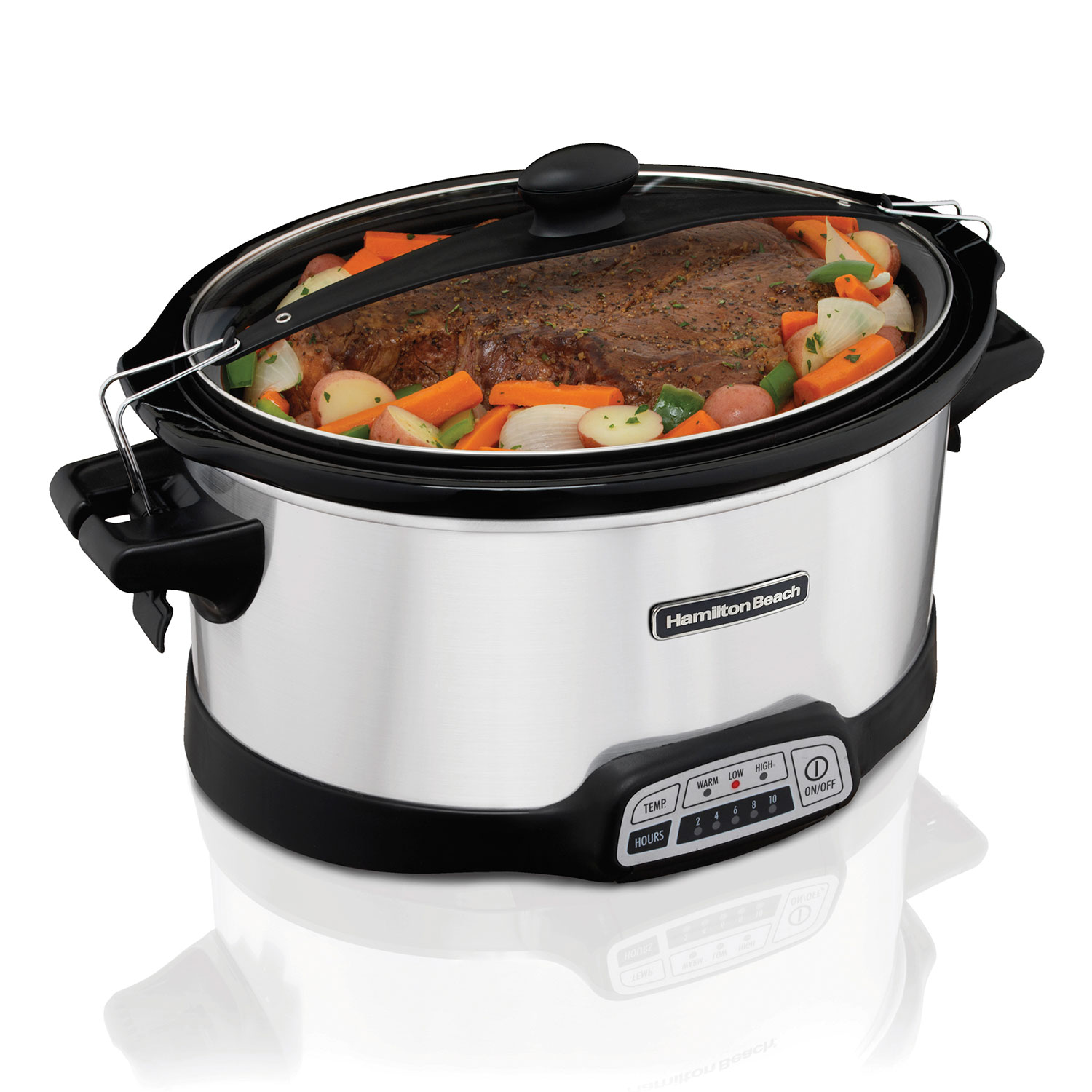 Hamilton Beach 33576FG silver oval slow cooker with digital control panel, glass lid and wire transport clips