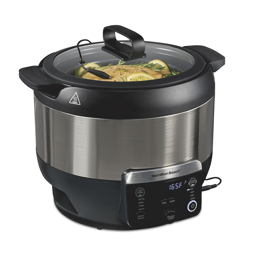 Hamilton Beach DuoCook 33603 with glass lid, digital AIR COOK and SLOW COOK controls, and probe inserted in the slow-cook pot