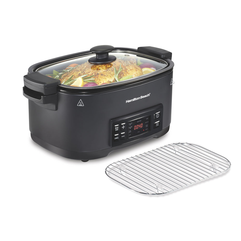 Hamilton Beach 33604 black rectangular multicooker with glass lid, front digital controls and included wire rack