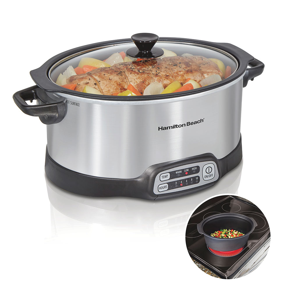 Hamilton Beach 33662MN silver slow cooker with its touch controls and an inset showing its removable pot on a stovetop