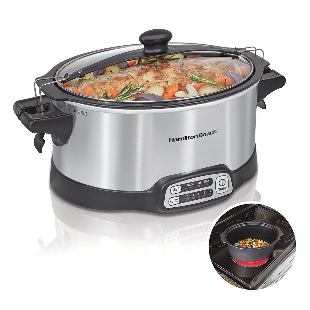 Hamilton Beach 33663MN silver sear-and-cook slow cooker with visible metal lid clips and touch controls